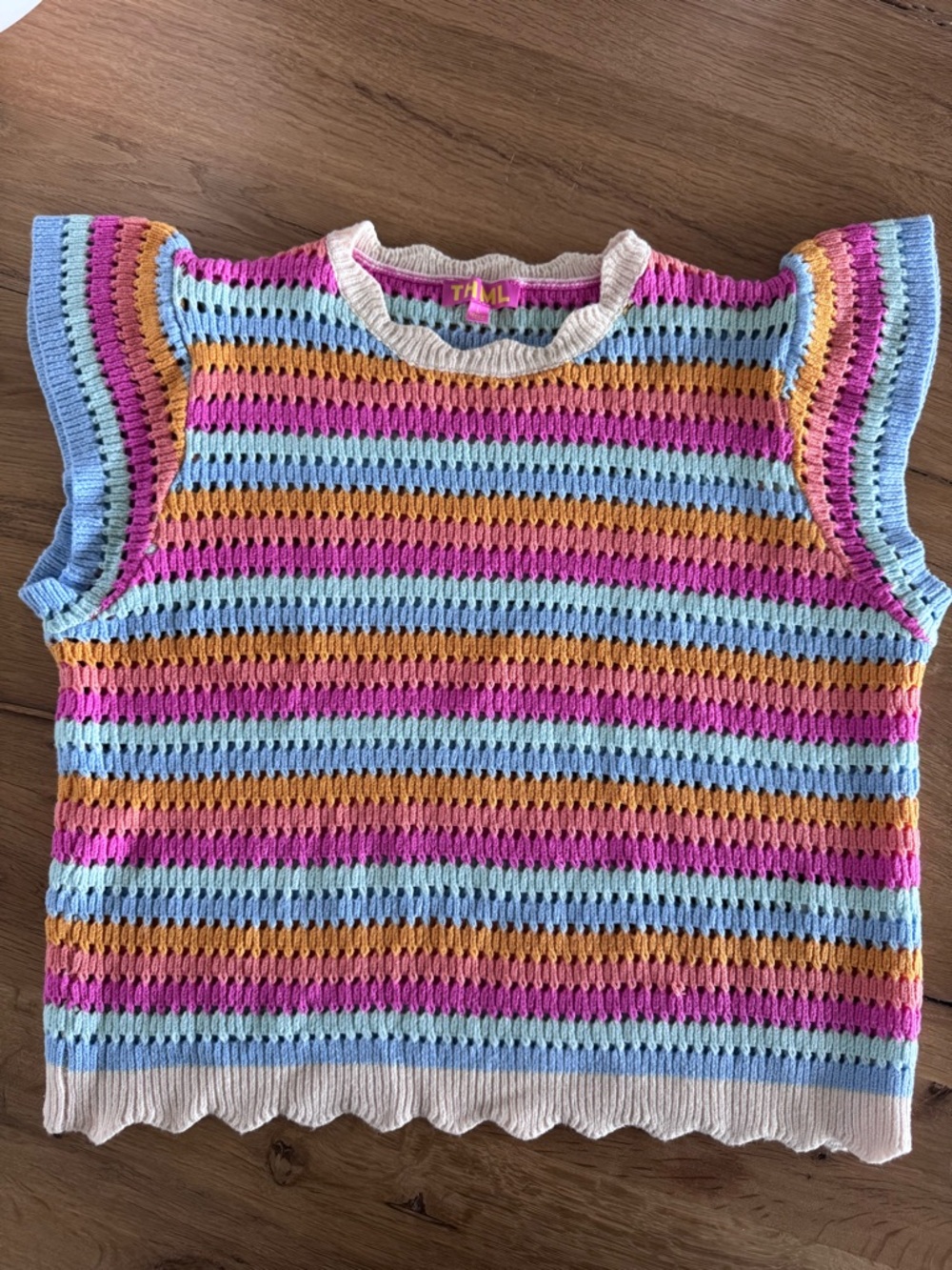 THML Flutter Sleeve Knit Top with Pastel Stripes and cream trim
